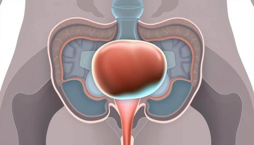a detailed anatomical cross-section illustration of the male pelvic region, highlighting the prostate gland and the surrounding structures. the prostate is shown in an enlarged, hyperplastic state, with clear visual indicators of the benign enlargement. the image is rendered in a clean, medical illustration style using a muted color palette of grays, blues, and greens to convey a sense of clinical precision. the lighting is soft and diffuse, creating depth and dimensionality in the layers of tissue and organs. the angle is slightly angled to provide a clear, unobstructed view of the prostate and its relationship to the bladder, urethra, and other pelvic structures. the overall mood is one of objective medical understanding, with no distracting elements to detract from the educational purpose of the image.