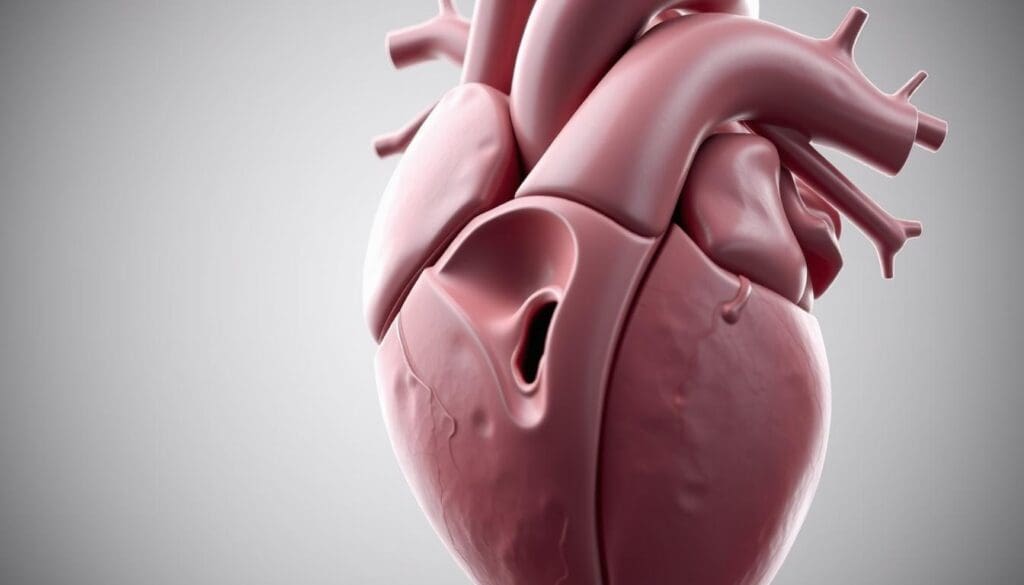 a detailed anatomical illustration of the human heart, focusing on the aortic valve and surrounding structures. The image should be rendered in a realistic, scientific style, with a neutral color palette and muted tones. The aortic valve should be prominently featured, showing its complex structure and the narrowed, stenotic opening. The surrounding anatomy, including the aorta, left ventricle, and other key cardiac structures, should be clearly depicted to provide context and visual reference. The lighting should be soft and evenly distributed, creating clear shadows and highlights to enhance the three-dimensional appearance. The camera angle should be slightly angled, allowing for a clear view of the aortic valve while still showcasing the overall cardiac anatomy. The atmosphere should convey a sense of educational focus, inviting the viewer to explore and understand the specific medical condition of aortic valve stenosis.