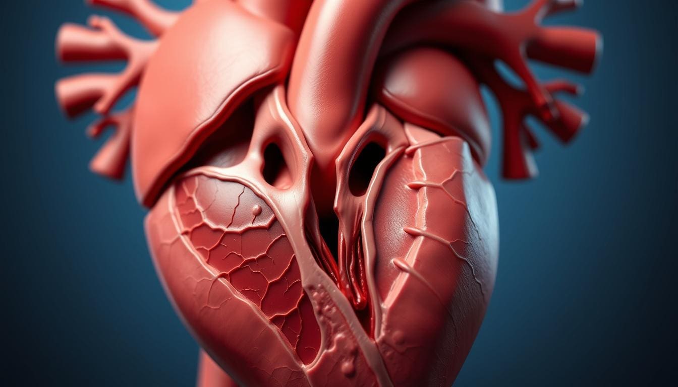 a detailed anatomical illustration of the human heart with a focus on the aortic valve, rendered in a realistic, high-quality photographic style. the aortic valve is shown in cross-section, clearly depicting the stenosis or narrowing of the valve opening. the surrounding heart structures, including the ascending aorta, left ventricle, and mitral valve, are also visible in fine detail. the image is well-lit, with a depth of field that keeps the aortic valve in sharp focus while gently blurring the background. the overall mood is clinical and informative, conveying a sense of medical clarity and understanding of this cardiovascular condition.