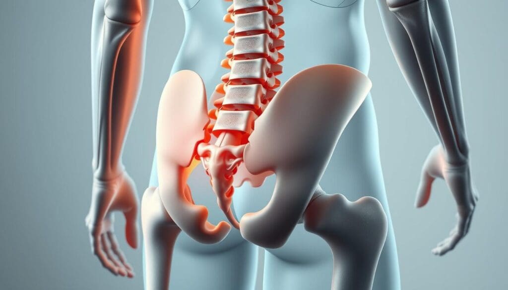 a detailed, anatomically accurate illustration of the human lumbar spine, showcasing its complex structure and the key components that make up this crucial region of the body. The image should be rendered with a high level of photorealism, using a combination of soft, directional lighting and a neutral, clinical color palette to emphasize the medical and scientific nature of the subject matter. The viewpoint should be a slightly elevated, three-quarter angle, providing a clear and comprehensive view of the vertebrae, intervertebral discs, and surrounding musculature and connective tissues. The overall atmosphere should convey a sense of clarity, precision, and educational value, suitable for inclusion in a medical article exploring the spine-hip connection.