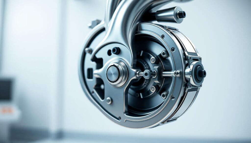 a highly detailed, hyper-realistic mechanical mitral valve with stainless steel and titanium construction, shown in an immersive close-up view against a clean, clinical background. The valve features precise, intricate technical components including leaflets, annulus, and supporting structures. Capture the valve in crisp focus, with vivid lighting and a depth of field that showcases the complex engineering. Convey a sense of precision, durability, and life-saving medical technology.