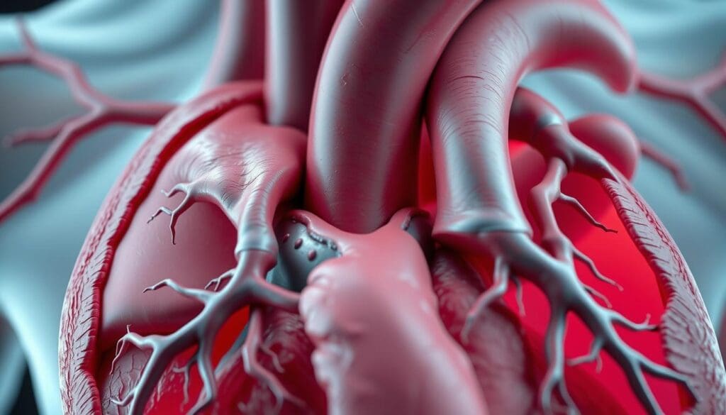 a highly detailed, photorealistic image of aortic stenosis, viewed from a close-up angle inside the human cardiovascular system. The scene shows the aortic valve, which appears narrowed and restricted, with the surrounding aortic arch and ascending aorta clearly visible. The lighting should be soft and natural, highlighting the intricate anatomical details. The color palette should be muted and realistic, with a focus on the various shades of red, pink, and gray that characterize the heart and blood vessels. The image should convey a sense of clinical precision and medical authority, suitable for inclusion in an educational article on this cardiovascular condition.