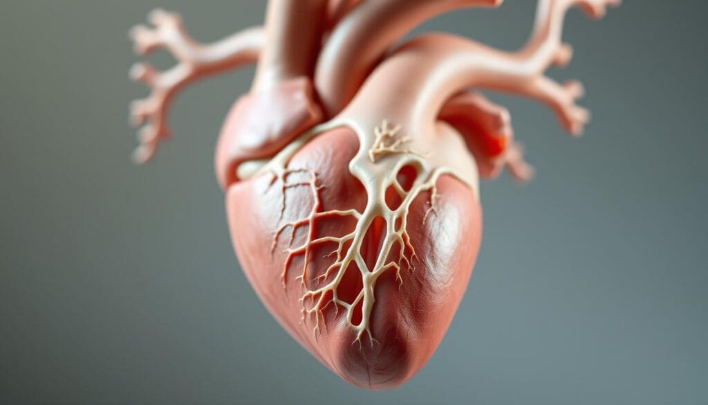 a highly detailed, photorealistic image of the aortic root structure of the human heart, showcasing its complex anatomy and intricate features. The image should be captured from a frontal view, with a shallow depth of field to emphasize the central focus on the aortic root. The background should be a neutral, soft-focus setting, allowing the viewer to concentrate on the detailed structures of the aortic root. Lighting should be natural and directional, casting subtle shadows to enhance the three-dimensional qualities of the subject. The image should convey a sense of clinical precision and scientific examination, capturing the importance of this critical cardiac structure in a visually compelling manner.