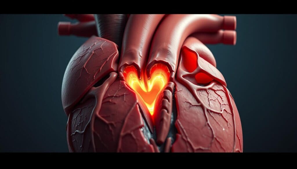 a highly detailed, photorealistic image of the cross-section of the human heart, focusing on the aortic valve and the surrounding anatomy. The image should clearly show the narrowing of the aortic valve opening, a hallmark of aortic stenosis. The scene should be lit with soft, directional lighting that accentuates the textures and details of the cardiac structures. The image should be captured from a slightly elevated angle, providing a clear view of the aortic valve and its relationship to the left ventricle and ascending aorta. The overall mood should convey a sense of medical precision and educational clarity, suitable for illustrating the pathophysiology of aortic stenosis.