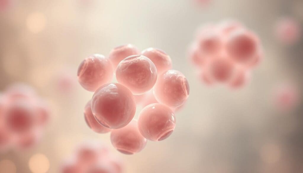 a highly detailed, photorealistic macro image of embryonic stem cells, featuring a central cluster of pluripotent cells with their characteristic large nuclei and minimal cytoplasm. The cells are surrounded by a hazy, glowing background that suggests the transitional state between undifferentiated and differentiated cell types. The lighting is soft and diffuse, creating a sense of depth and dimensionality, with subtle highlights and shadows accentuating the cellular structures. The image is captured with a high-resolution, high-magnification lens, allowing for exceptional clarity and detail of the stem cell morphology. The overall mood is one of scientific exploration and the wonder of the fundamental building blocks of life.