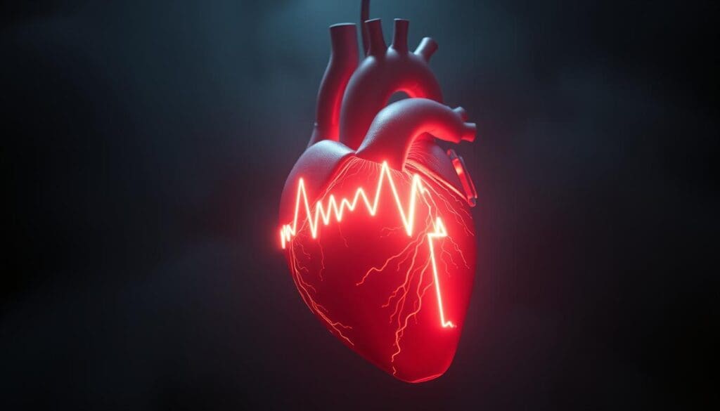 a surreal 3D render of an abnormal heart rhythm, showing a pulsing, irregular pattern of electrical activity in the cardiac muscle, with a glowing, neon-like visualization of the atrium and ventricles. The heart appears to be suspended in a dark, atmospheric environment, illuminated by a soft, eerie light from an unseen source. The overall mood is one of unease and medical concern, conveying the serious nature of atrial flutter. The composition features a close-up, detailed view of the heart, with a sense of depth and scale to emphasize the internal structures and intricate rhythm disruptions.