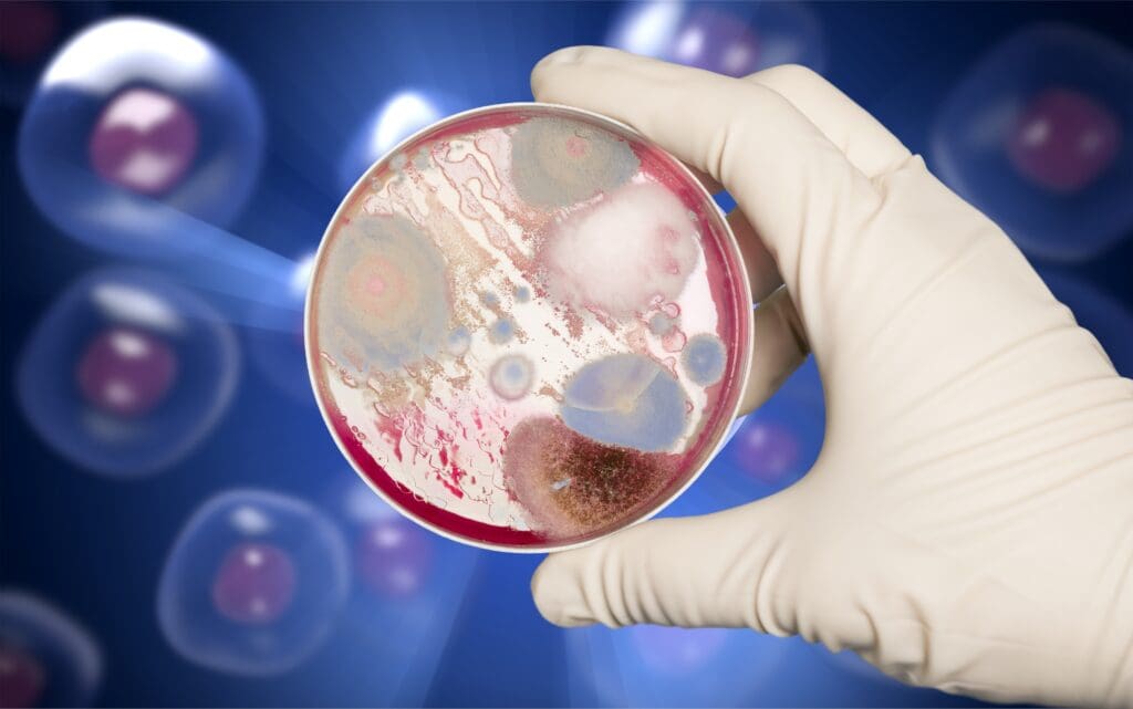 hand glove holding petri plate with bacteria enterococcus faecalis 1 LIV Hospital